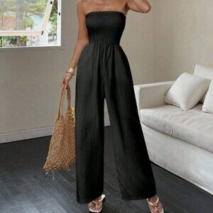 Black Casual Women's Shirred Tube Jumpsuit